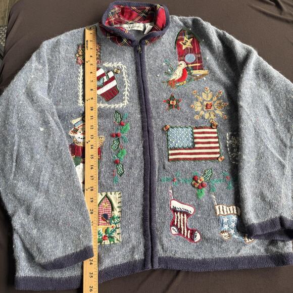 Victoria Jones Sweater Womens XL Blue Zip Cardigan Holiday Christmas Applique - Picture 10 of 10